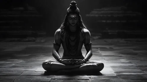 Monochrome meditative deity rendered in chiaroscuro focus.