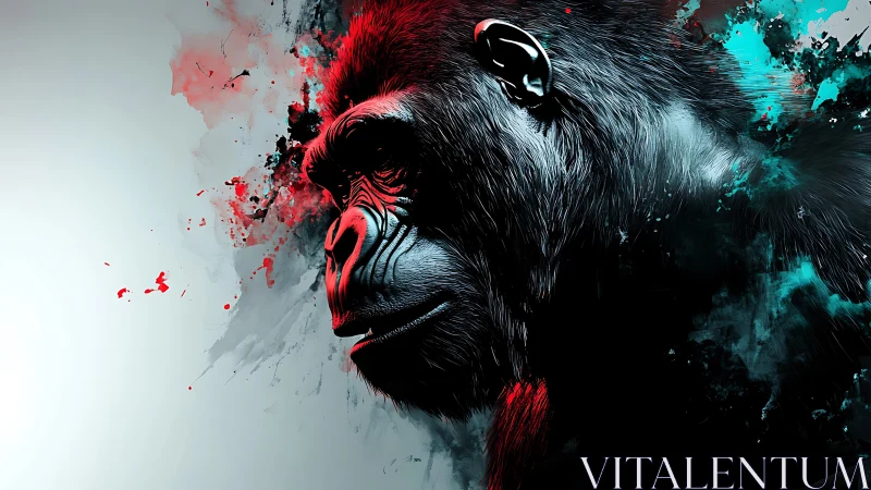 Gorilla portrait in abstract red and teal digital paint.