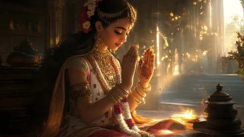 Woman in traditional attire performing ritual before flame.