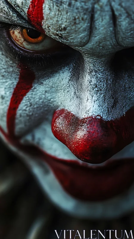Sinister clown close-up with intense eye and red nose.