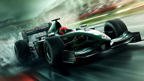 Sleek Formula race car slices through rain-soaked circuit.
