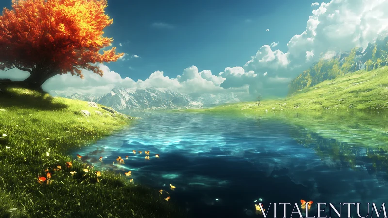 Vivid red tree beside crystal alpine lake under clouds.