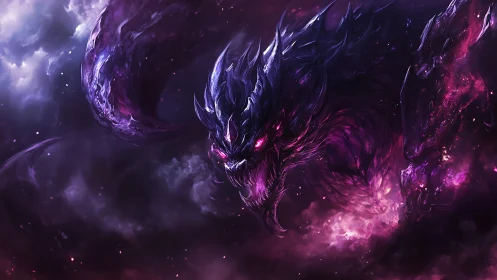 Cosmic void dragon coils through storming nebula night.