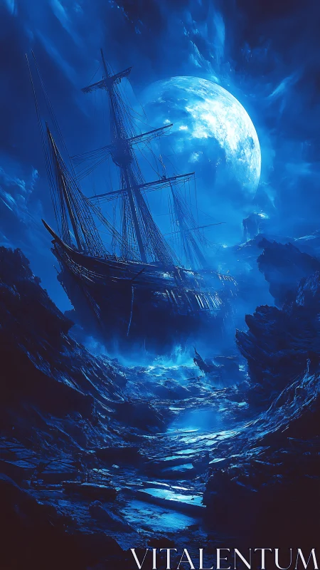 Ghost ship drifts through lunar-lit abyssal seascape.
