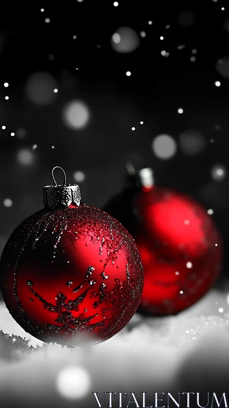 Red glass ornaments rest on snow under soft falling snow