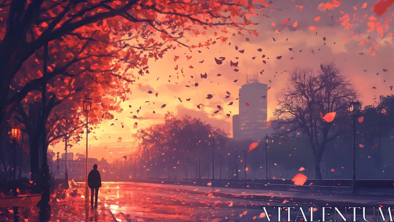 Digital painting of autumn boulevard under sunset sky.