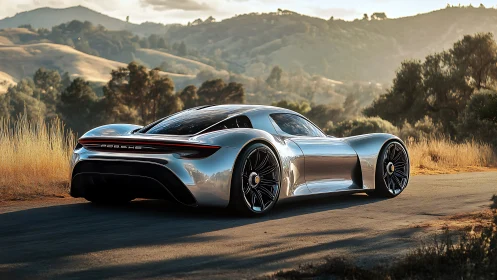 Futuristic silver sports car glows on a sunlit country road