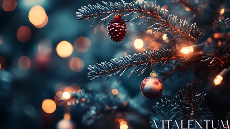 Frosted fir branches hold red bauble under warm lights