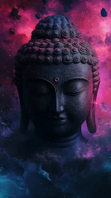 Cosmic Buddha bust in neon vapor nebula, digital painting.