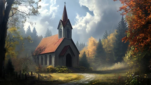 Gothic revival chapel in misty autumn forest clearing light