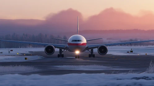 Widebody passenger jet on snowy taxiway at sunrise.
