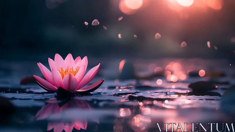 Serene pink lotus glows softly in warm sunset reflections