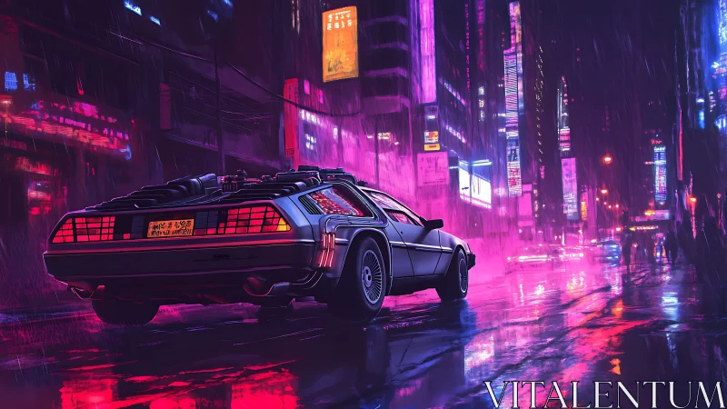 Retro-futuristic DeLorean in neon-saturated cyberpunk rainscape.