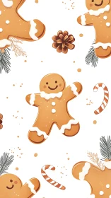 Smiling gingerbread cookies dance across festive white space