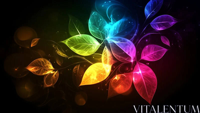 Neon leaves drift through cosmic dusk in prismatic bloom