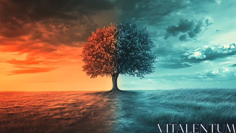 Warm twilight meets cool dawn beneath one steadfast tree.