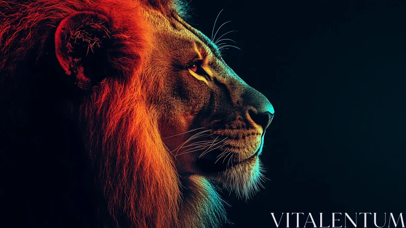 Side profile lion portrait uses dual color rim lighting