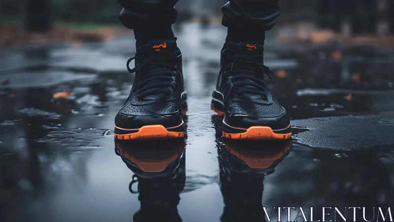 Photorealistic urban sneaker close-up on reflective wet asphalt.