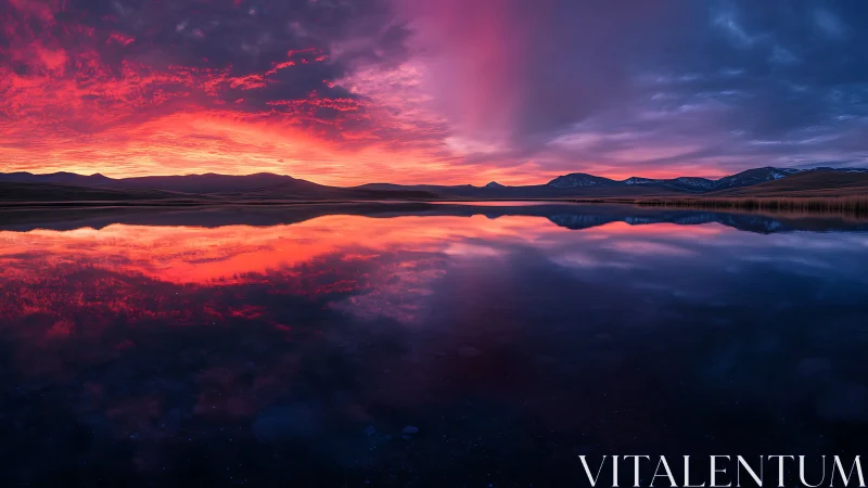 Panoramic mountain lake sunset with mirrored crimson sky.