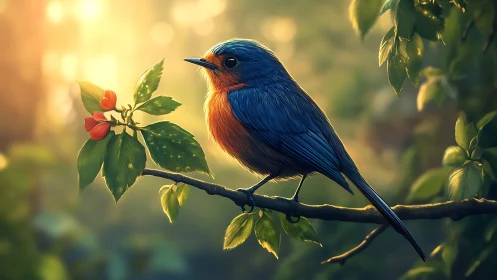 Vibrant blue and orange bird perched on branch in soft sunlight.