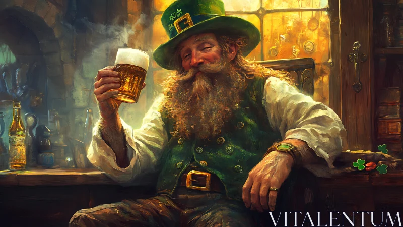 Bearded leprechaun in green waistcoat toasting with frothy beer mug