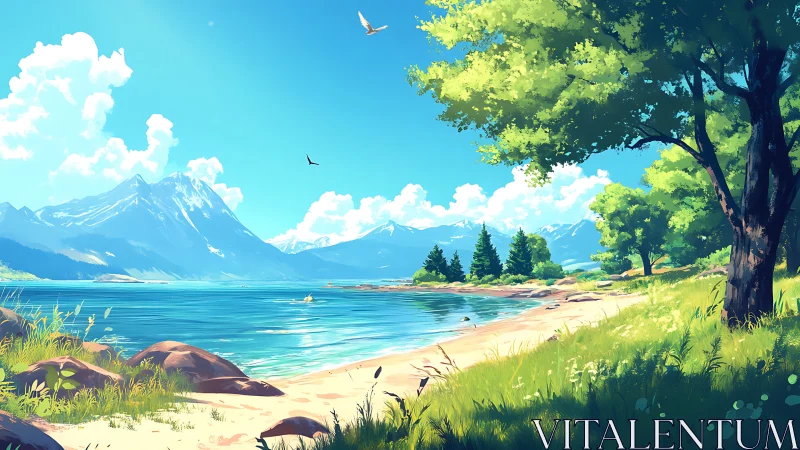 Alpine Lake Landscape with Mountain Vista, Illuminated by Clear Sky