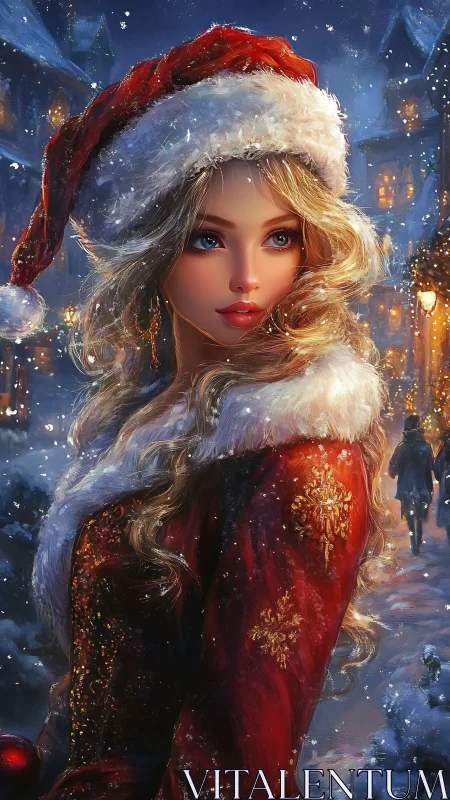 Digital painting portrait of festive woman in snowy cityscape.