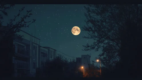 Full moon over residential buildings and silhouetted trees