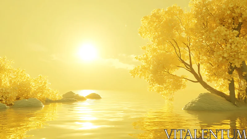 Monochromatic golden lakeside trees under intense backlit sun glow