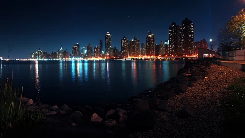 City skyline glows across calm river under deep night sky.