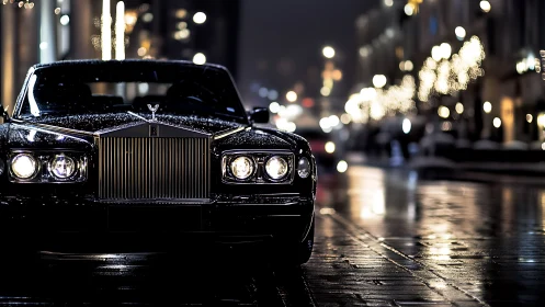 Luxury sedan on wet city street under night lights.