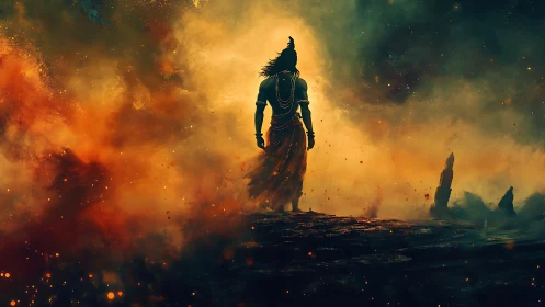 Lone mythic wanderer walking through swirling sacred fire.