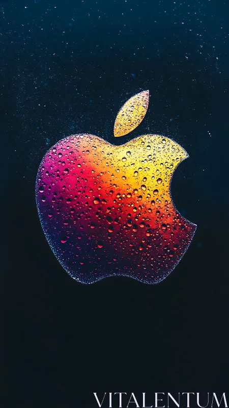 Glowing rainbow apple logo sparkling with dewy droplets.