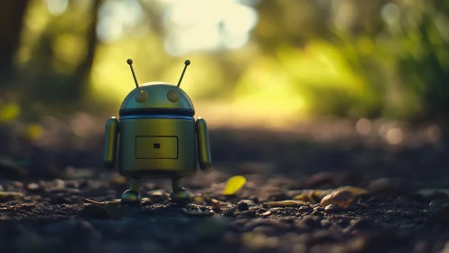 Small metallic robot toy standing on sunlit forest path.