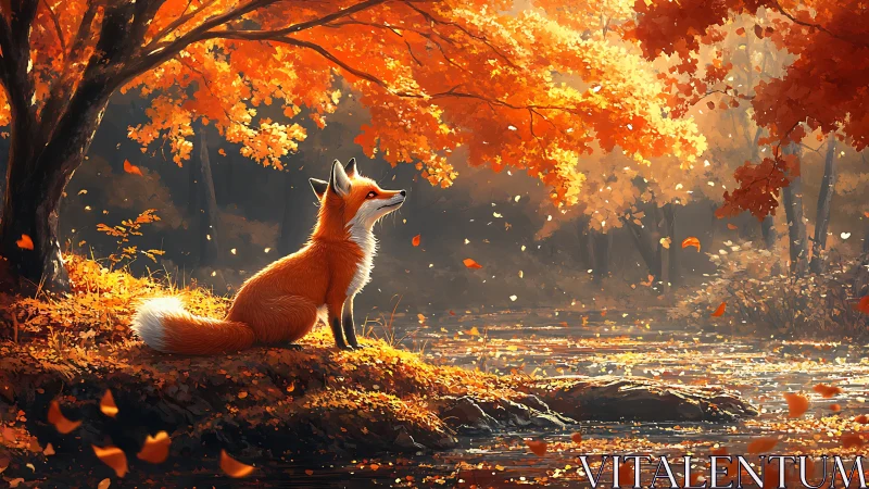 Red fox resting by reflective autumn river under orange canopy