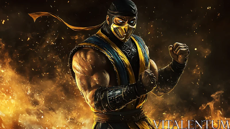 Armored ninja fighter rendered amid dynamic volumetric firefield