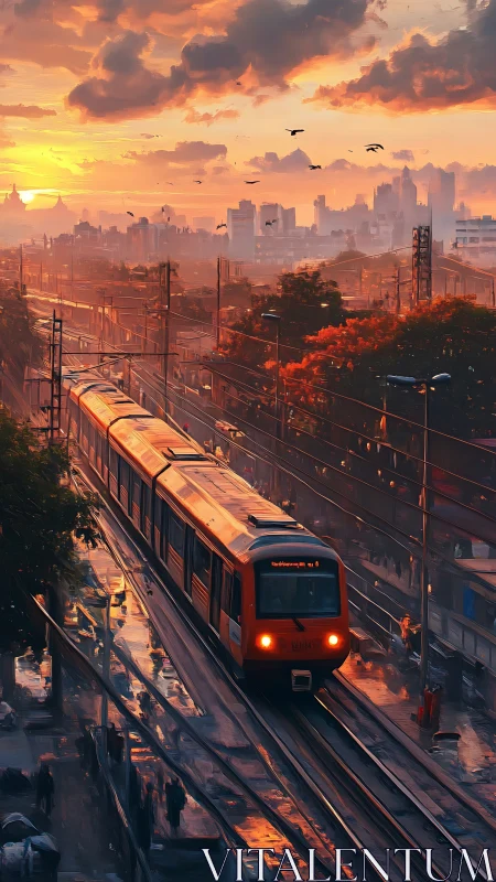Orange commuter train under vivid sunset city sky.