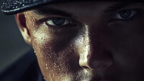 Sweat jeweled determination blazes through steel grey eyes