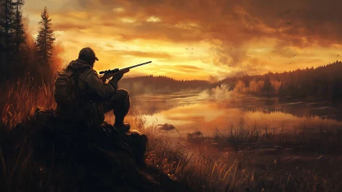 Hunter with rifle overlooking misty lake at sunset.