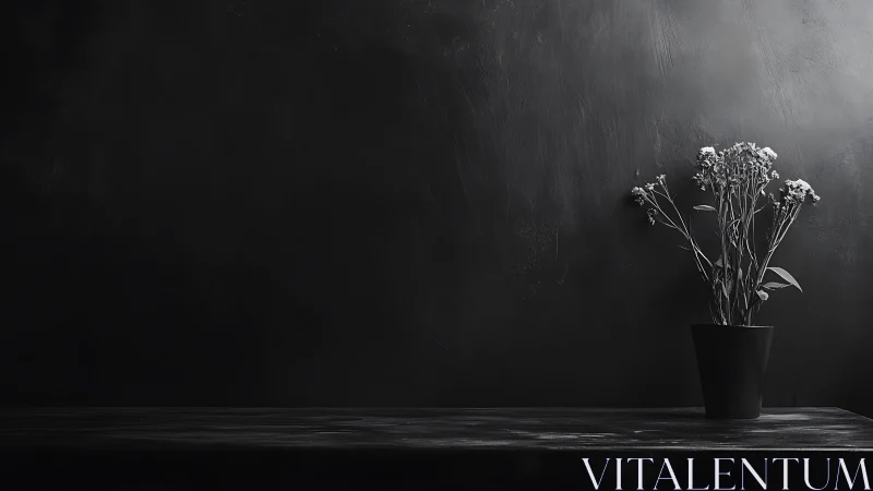 Minimalist black still life with potted dried flowers on table.