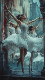 Elegant ballerinas rise in misty ruins with ethereal poise