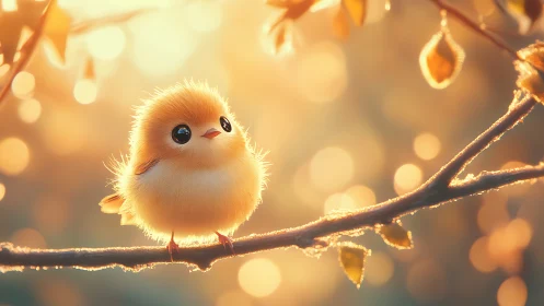 Sunlit puffball chick quietly guards a bokeh-kissed branch