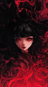 Female figure with red eyes amid swirling black and red forms.