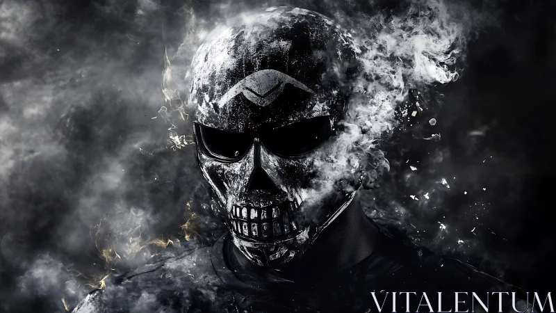 Smoky skull mask portrait in dark digital artwork.