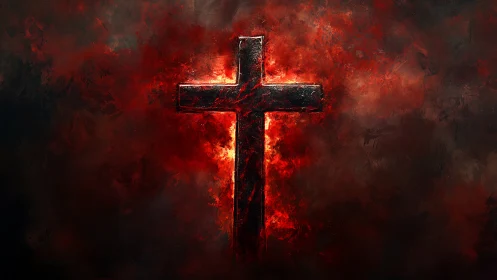 Glowing cross emerging from swirling fiery red shadows.