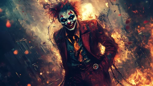 Sinister clown strides through roaring urban inferno