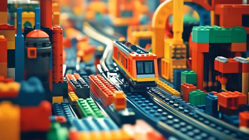 Toy train on plastic track in dense block construction set.