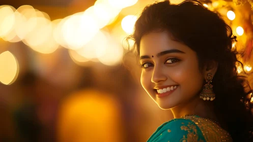 Shallow depth-of-field portrait with warm bokeh and festival lighting