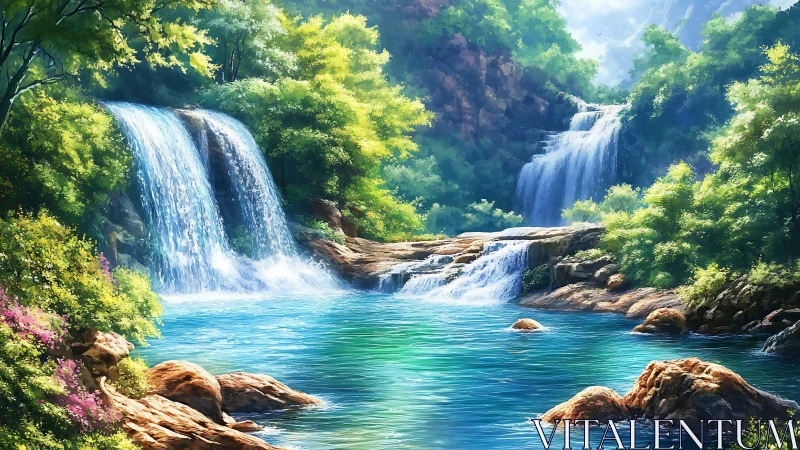 Peaceful twin waterfalls spilling into a clear blue lagoon.