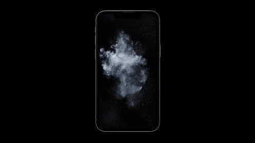 Midnight smartphone cradling a drifting cosmic smoke cloud.